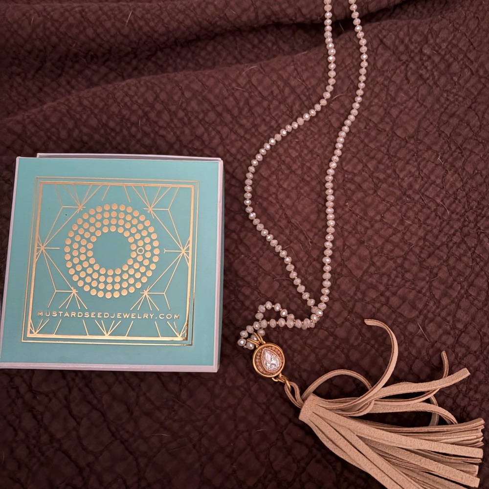 Mustard Seed Ivory Pearl Necklace with Beige Tassel